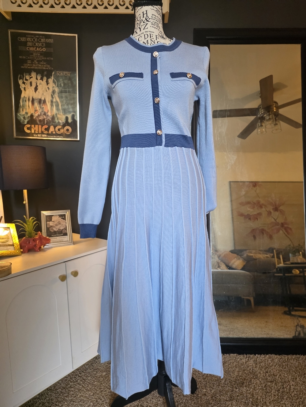 Light Blue Knit Dress with Navy Trim